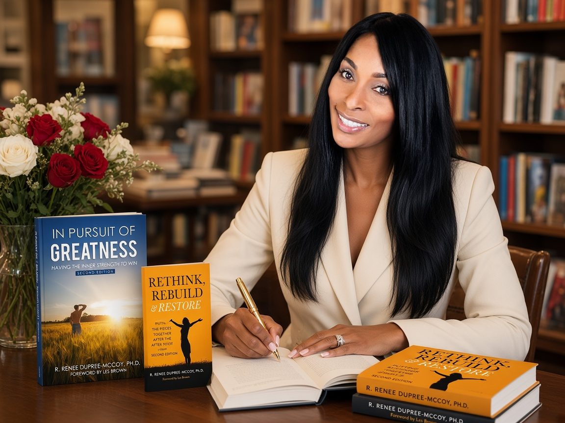 Dr. Renee signing copies of her books at a bookstore table with roses